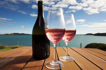 玻璃的酒瓶海边的红酒背景