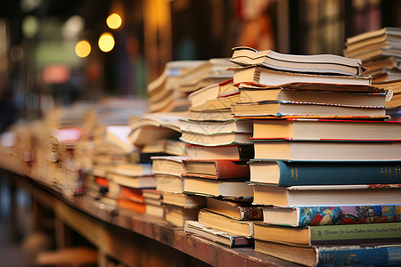 深夜书店窗边木桌上的一叠书背景