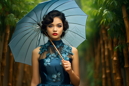 蓝雨伞蓝裙女子在竹林背景