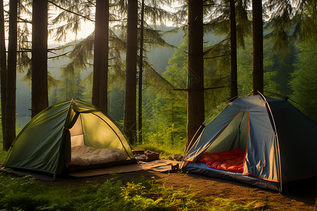 露营睡袋森林中的几座帐篷背景