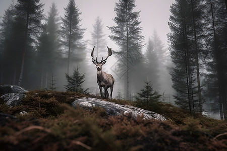 迷雾森林中的梅花鹿背景图片