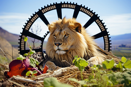 一只雄狮躺在草地上背景图片