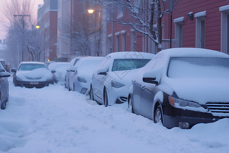 暴雪中的车辆停放街道背景