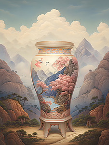 山峦间的山水陶瓷瓶背景图片