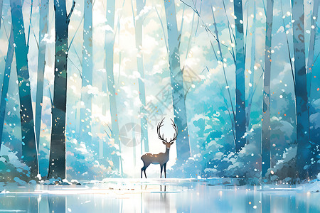冬日宁静森林湖畔的鹿背景图片