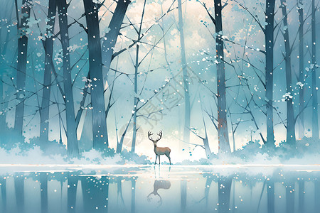 初雪与麋鹿湖畔初雪插画