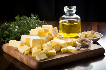 新鲜压榨橄榄油新鲜的奶酪和橄榄油背景