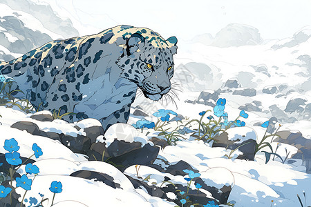 雪豹驰骋在雪原中插画