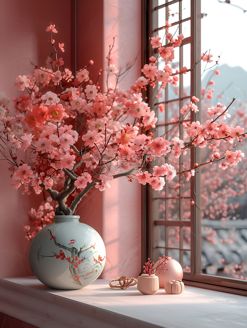 窗台上美丽的花朵图片