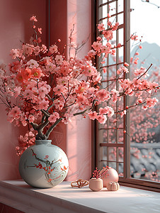 窗台上美丽的花朵背景图片