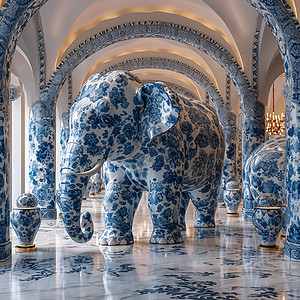 蓝白色的大象雕塑背景图片