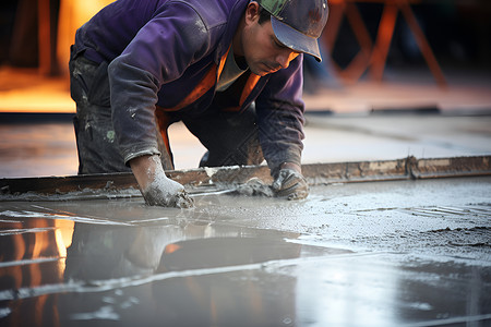 跪下建筑工人在抹平水泥背景