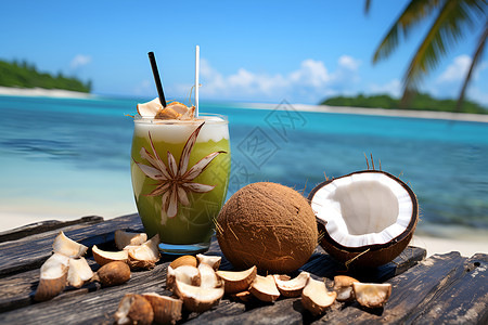 海边水果素材海边的饮料与椰子背景