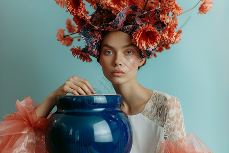 蓝色陶罐华服女子戴着花冠背景