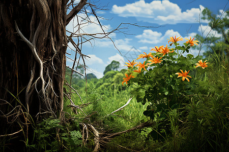 橙花林下美景背景图片