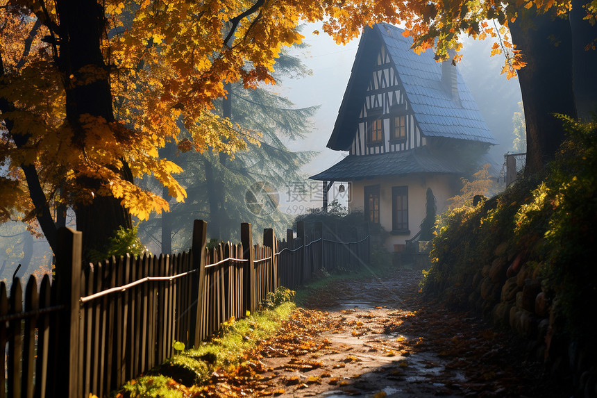 林间小屋的秋色之旅图片