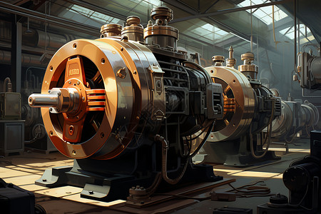 电机锯巨大工业机器与工厂背景插画