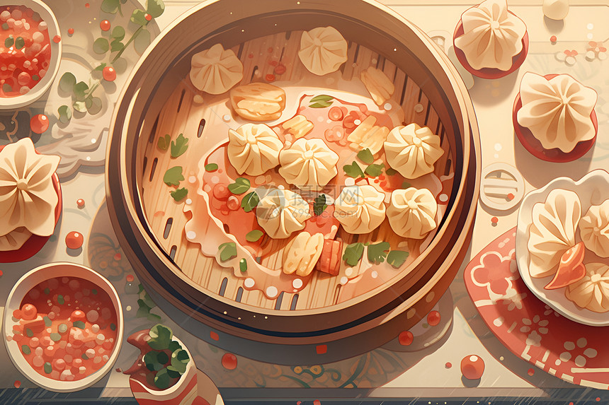 桌面上丰盛的饺子绘画图片