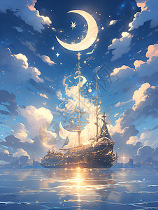 仙境中的船舟绘画背景图片