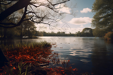 树木旁的美丽湖泊背景图片