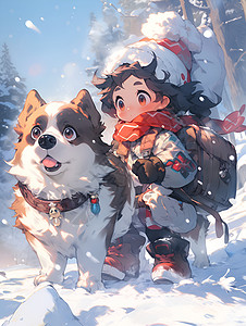 雪地里孩子雪地里的狗狗和男孩插画