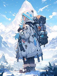 登山女性冬季登山的女插画