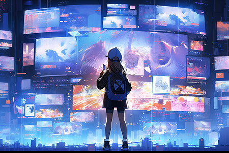 站在虚拟屏幕前的女孩背景图片