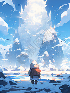 雪山前行走的男孩背景图片