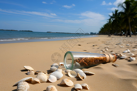 沙滩上的瓶子背景图片