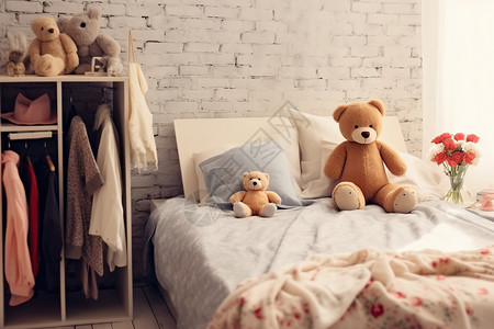 枕头边玩具熊温馨的卧室背景