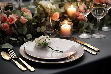 餐桌上的盘子和蜡烛背景图片