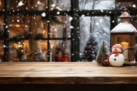 简笔画圣诞树桌面上的雪人和松果背景