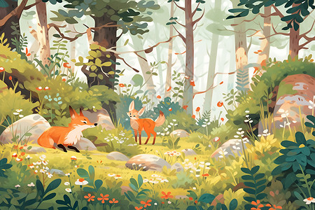 仙境奇幻森林中的绘本插画背景图片