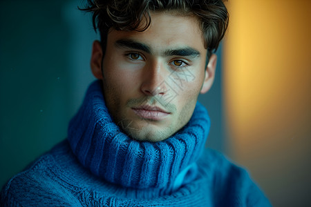 蓝色高领毛衣的男人背景图片