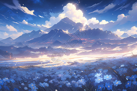 山峦中的蓝花背景图片