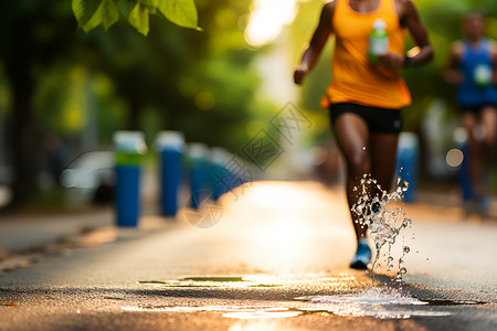 慢跑运动员喝水的冲刺时刻背景