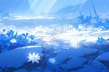 阳光小草冰晶与雪百合中的探险者插画