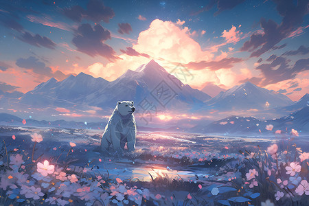 北极熊与花海背景图片