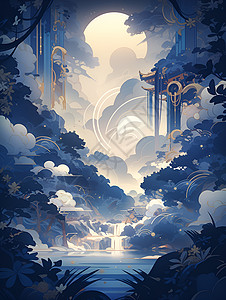仙境瀑布中的月光背景图片
