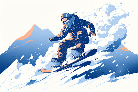 滑雪板运动员滑雪板手在雪山穿梭插画