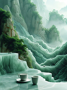 绿色茶杯山水背景图片