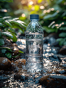 瓶子里的水小溪里的一瓶水背景