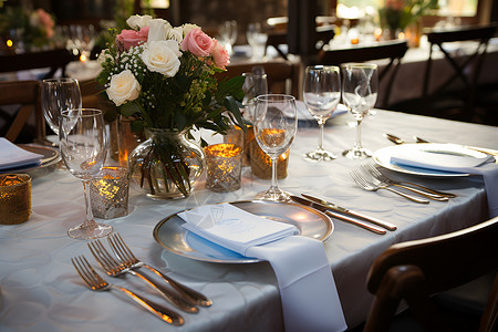 优雅的西餐厅餐桌布置高清图片