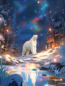 极光冬季雪山冬季雪山中的北极熊插画