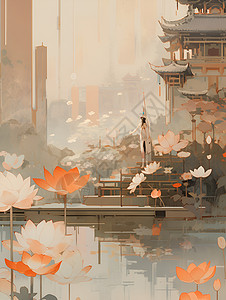 古风艺术的莲花池插图背景图片