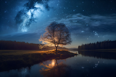 夜幕下的丛林湖泊景观高清图片
