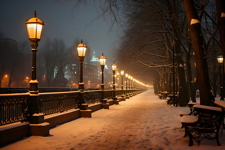 寒夜中的长椅和街灯背景