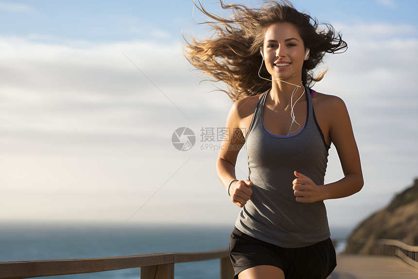 海岸慢跑的女子图片