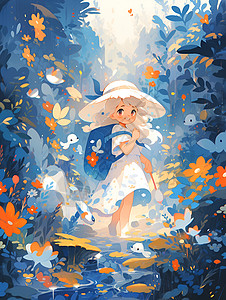 小女孩在花草丛中翩翩起舞背景图片