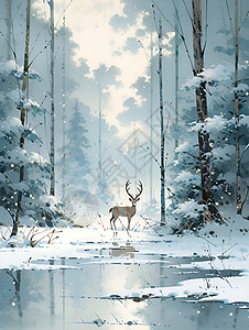 神秘白雪丛林中的麋鹿背景图片
